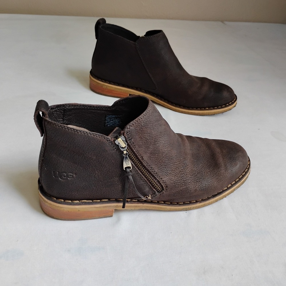 UGG Brown Leather Ankle Booties with Side Zip